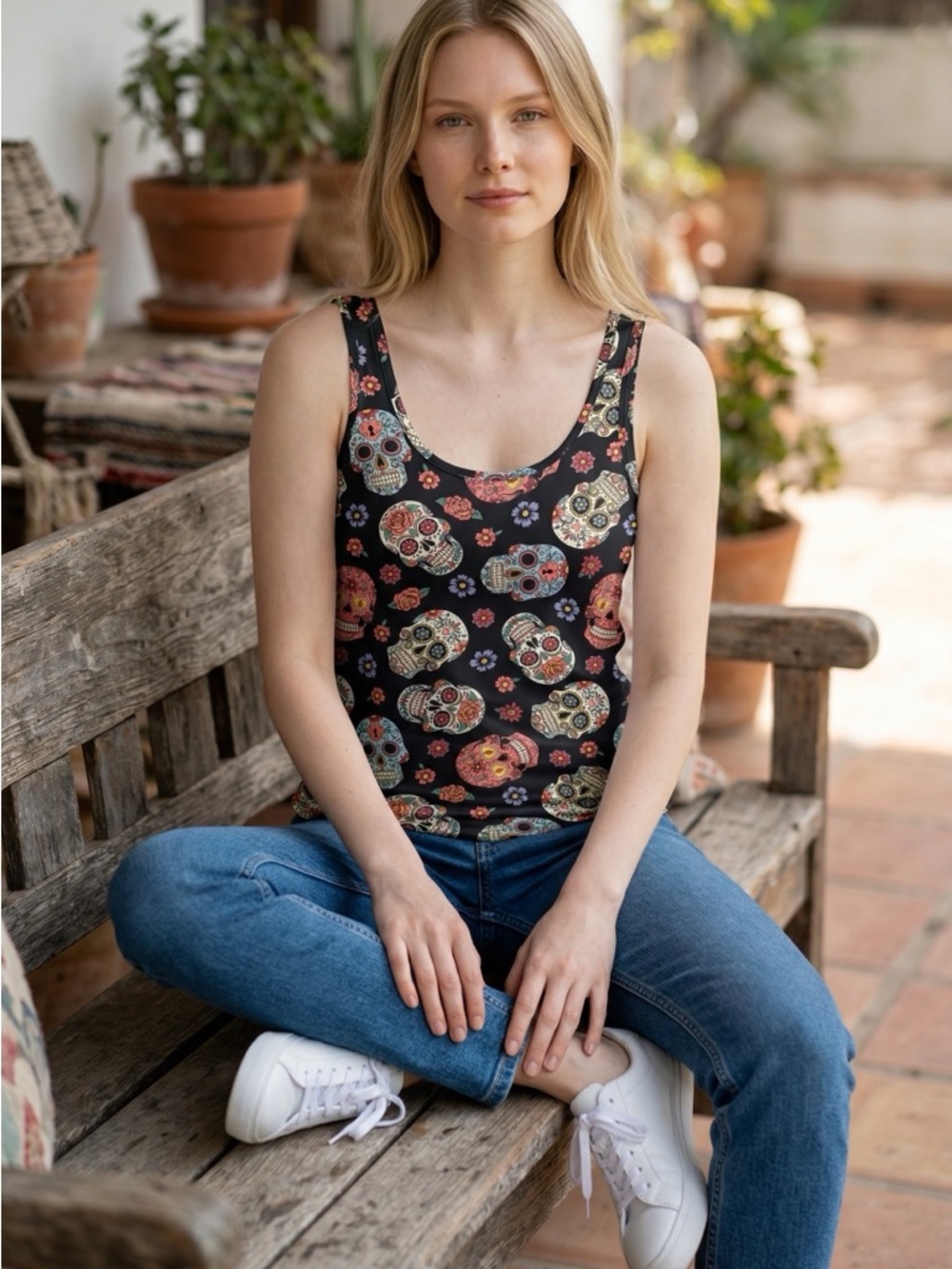No Boundaries - Sz L - Black Skull & Floral Tank Top - like new